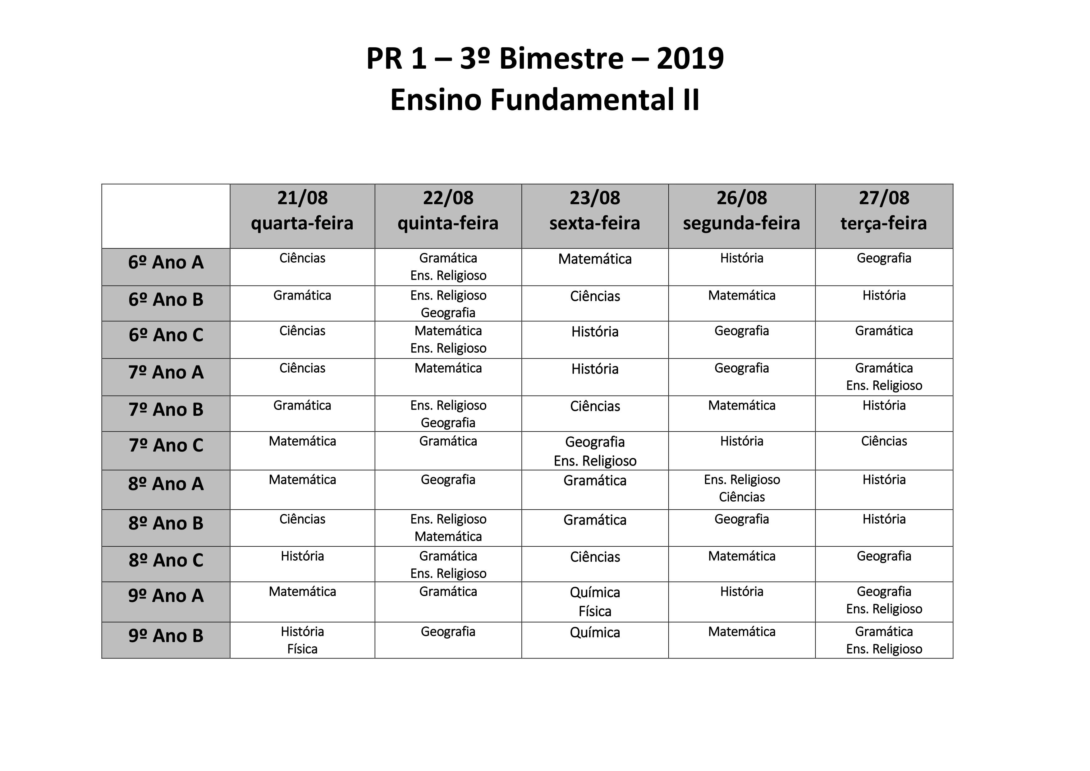 Calendário De Provas 3º Bimestre