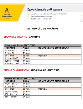 Horários de Aula